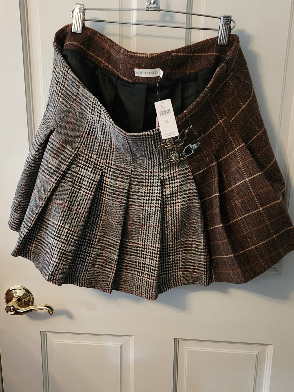 Avec Les Filles Brown and Gray Plaid Mixed-Paneled Skirt